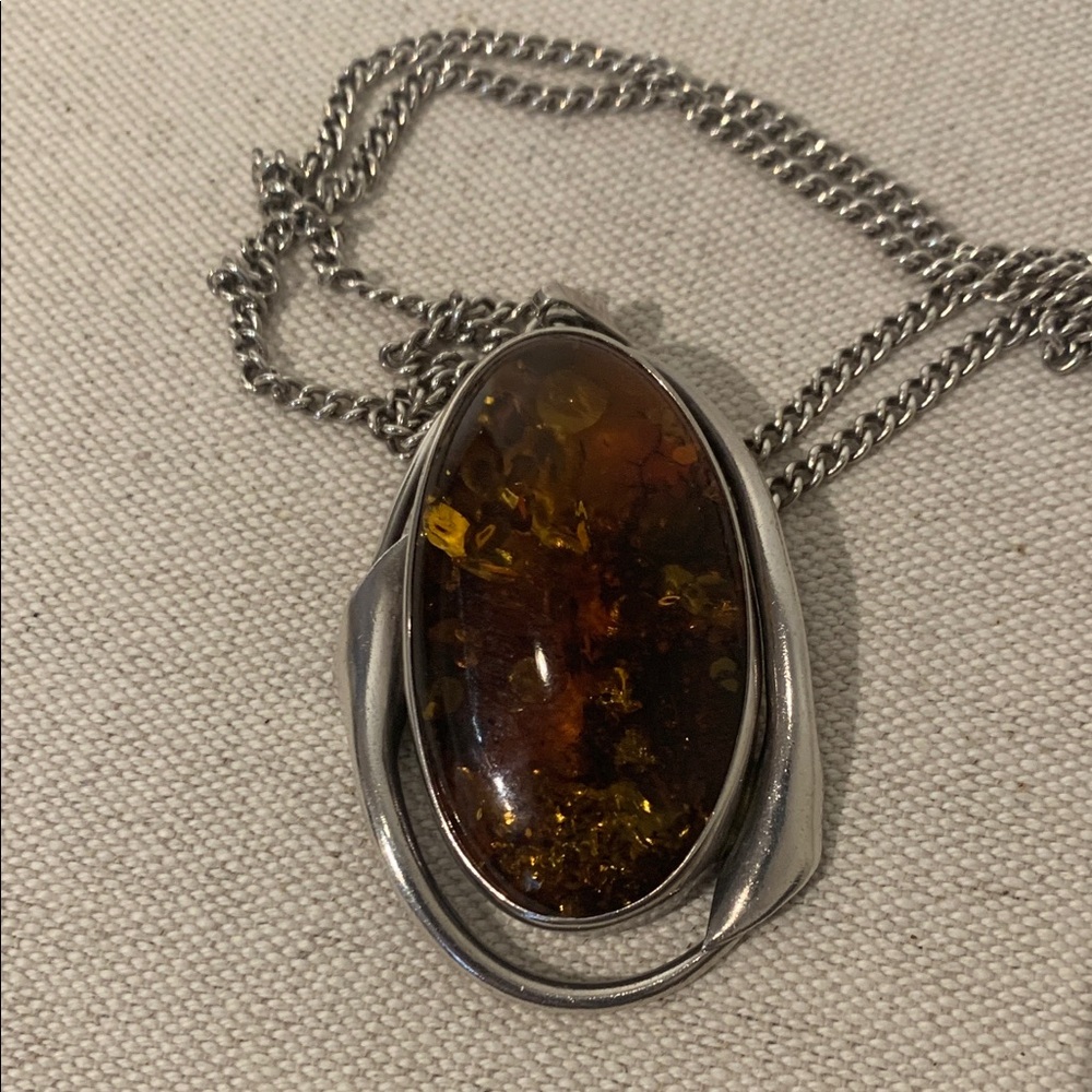 Genuine Amber and Sterling Silver Pendant with Silver Chain Necklace